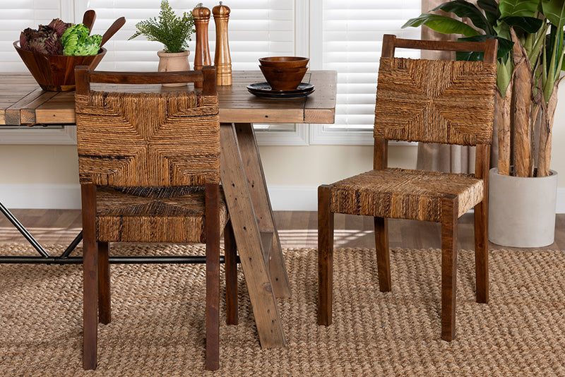 Sagen Bohemian Natural Seagrass and Mahogany Wood 2-Piece Dining Chair