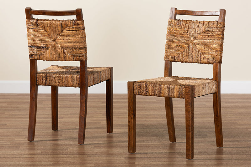 Sagen Bohemian Natural Seagrass and Mahogany Wood 2-Piece Dining Chair