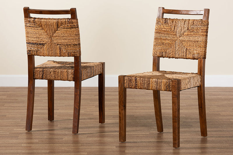 Sagen Bohemian Natural Seagrass and Mahogany Wood 2Pc Dining Chair Baxton