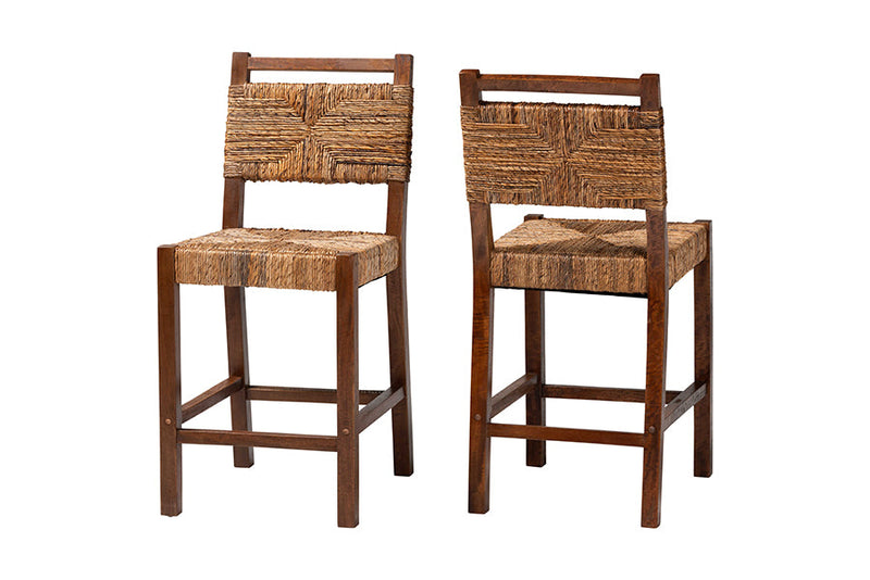 Sagen Bohemian Natural Seagrass and Mahogany Wood 2Pc Counter Stool Set Baxton