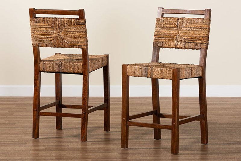 Sagen Bohemian Natural Seagrass and Mahogany Wood 2Pc Counter Stool Set Baxton