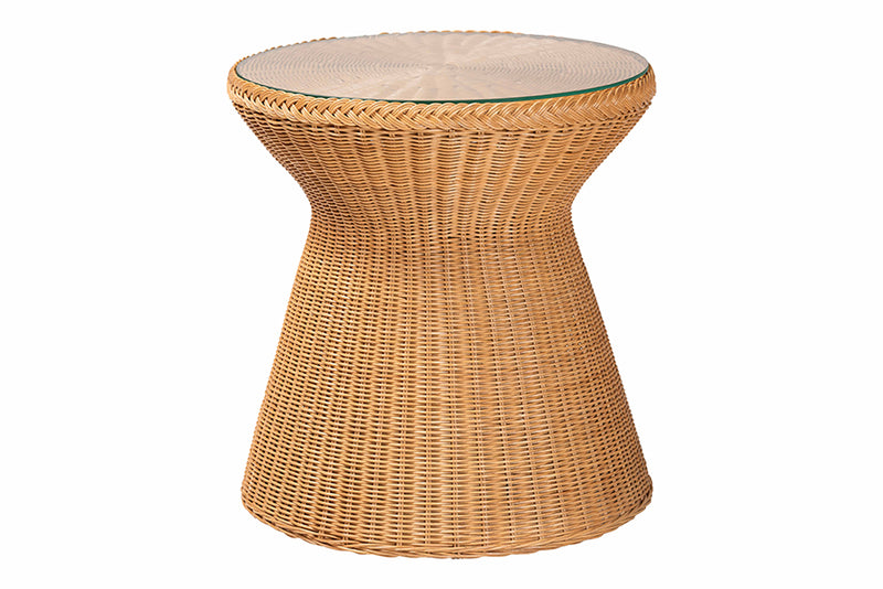 Ceri Bohemian Light Honey Braided Rattan End Table w/Glass Tabletop