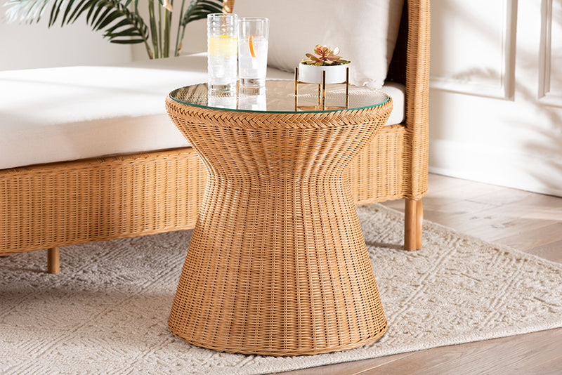 Ceri Bohemian Light Honey Braided Rattan End Table w/Glass Tabletop