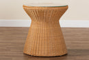 Ceri Bohemian Light Honey Braided Rattan End Table w/Glass Tabletop Baxton