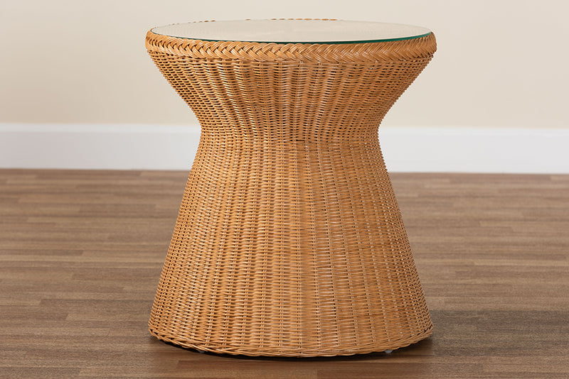 Ceri Bohemian Light Honey Braided Rattan End Table w/Glass Tabletop