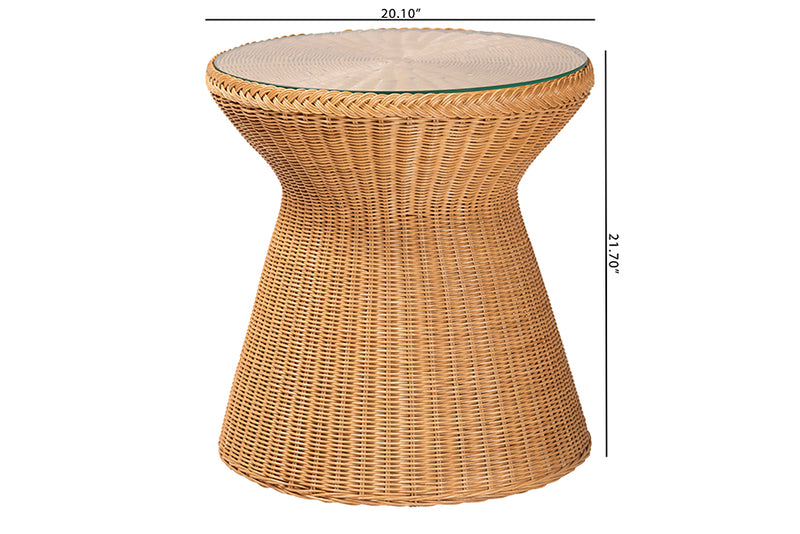 Ceri Bohemian Light Honey Braided Rattan End Table w/Glass Tabletop