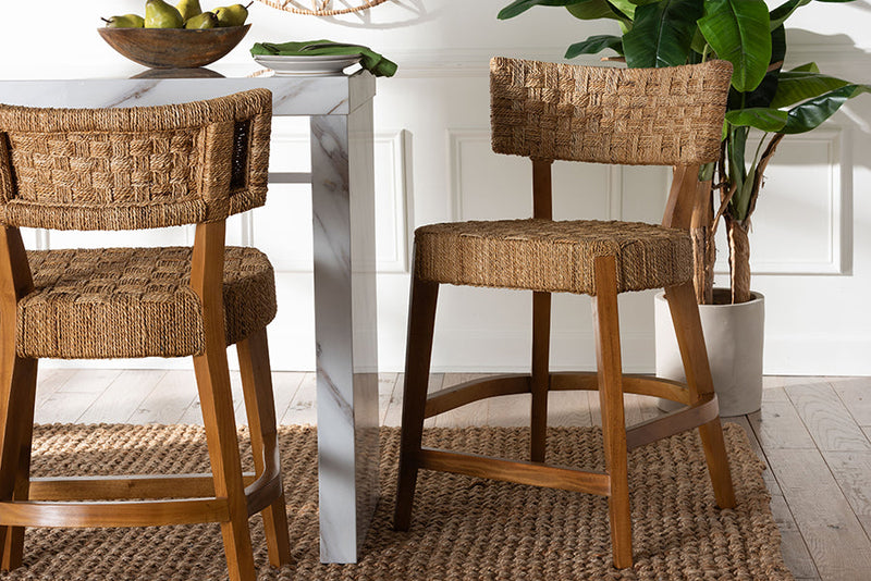 Norton Bohemian Seagrass and Mahogany Wood Counter Stool Baxton