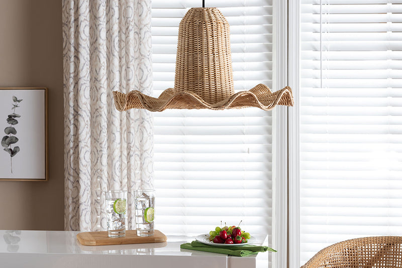Ally Bohemian Natural Scalloped Rattan Pendant Lampshade Baxton