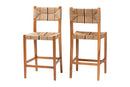 Morris Bohemian Paper Loom and Natural Mahogany Wood 2Pc Bar Stool Set Baxton