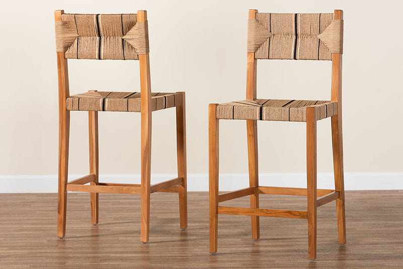 Morris Bohemian Paper Loom and Natural Mahogany Wood 2Pc Bar Stool Set Baxton