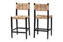 Morris Bohemian Paper Loom and Black Mahogany Wood 2Pc Bar Stool Set Baxton