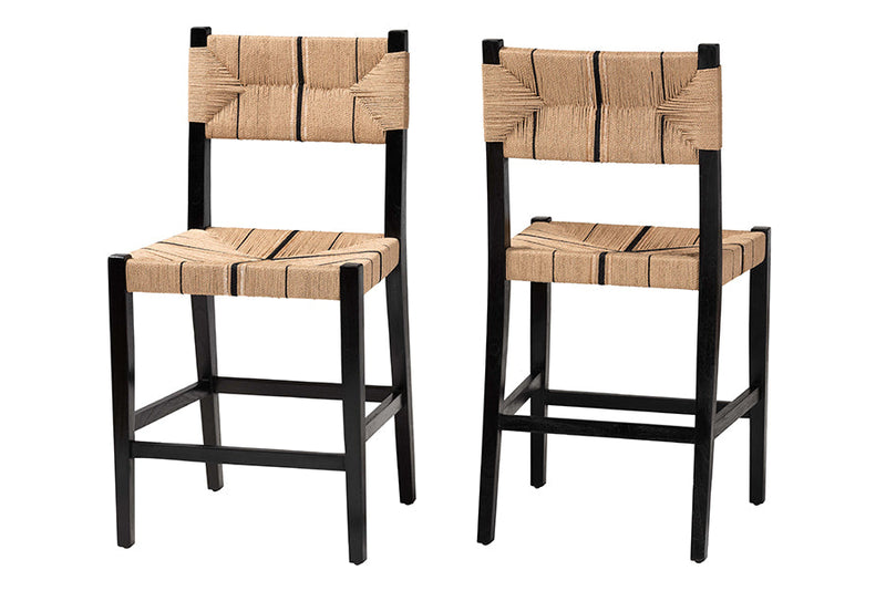 Morris Bohemian Paper Loom and Black Mahogany Wood 2Pc Counter Stool Set Baxton