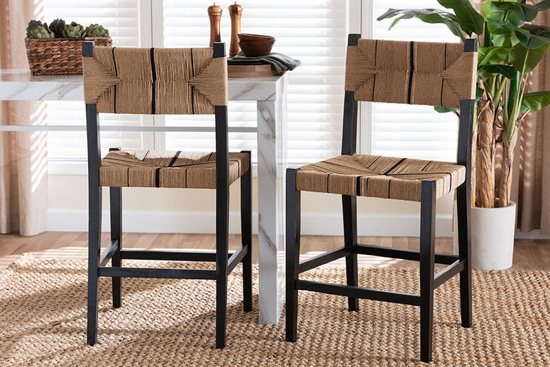 Morris Bohemian Paper Loom and Black Mahogany Wood 2Pc Counter Stool Set Baxton