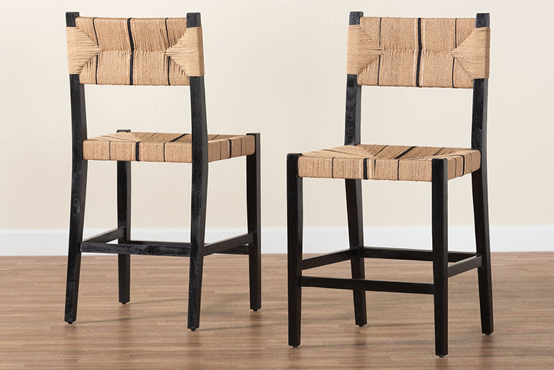 Morris Bohemian Paper Loom and Black Mahogany Wood 2Pc Counter Stool Set Baxton