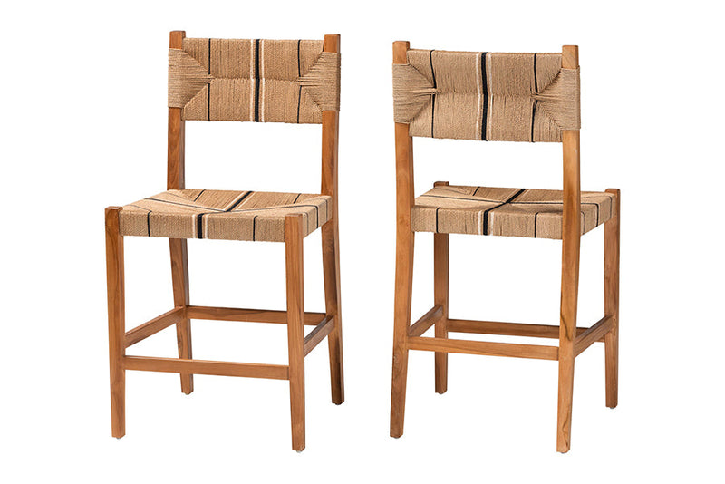 Morris Bohemian Paper Loom and Natural Mahogany Wood 2Pc Counter Stool Set Baxton
