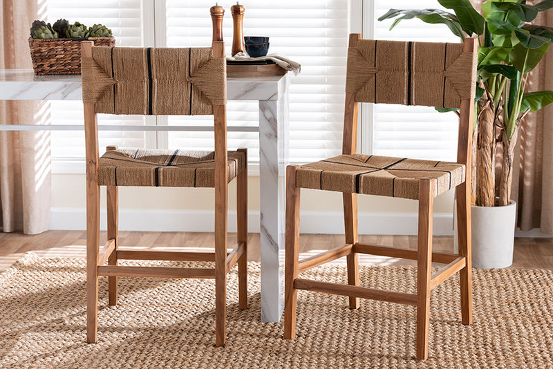 Morris Bohemian Paper Loom and Natural Mahogany Wood 2-Piece Counter Stool Set