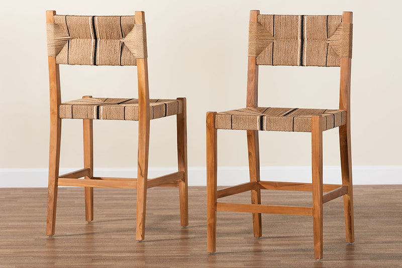 Morris Bohemian Paper Loom and Natural Mahogany Wood 2Pc Counter Stool Set Baxton