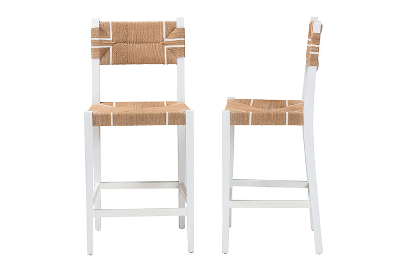 Savannah Bohemian Paper Loom and White Mahogany Wood 2Pc Bar Stool Set Baxton