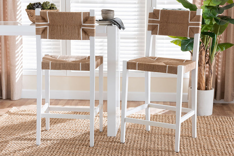Savannah Bohemian Paper Loom and White Mahogany Wood 2Pc Bar Stool Set Baxton