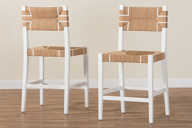 Savannah Bohemian Paper Loom and White Mahogany Wood 2Pc Counter Stool Set Baxton