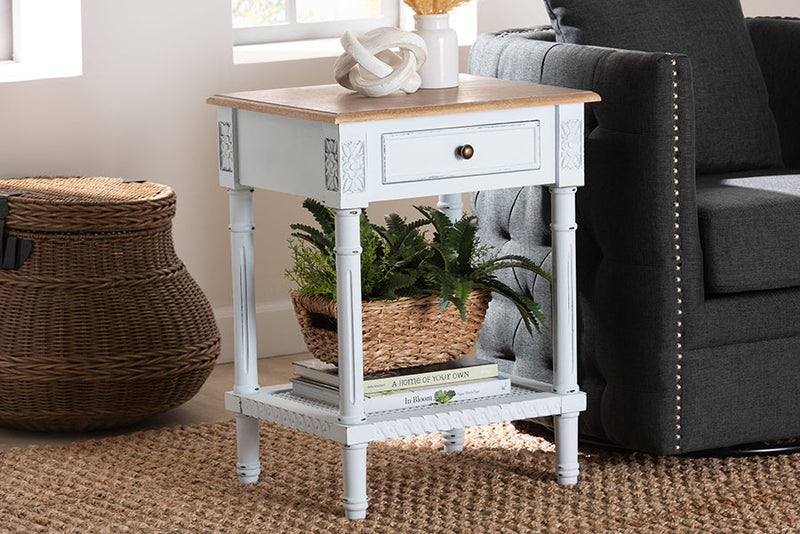 Rowen Two-Tone White and Natural Brown 1-Drawer End Table Baxton