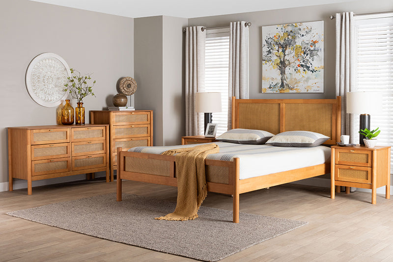 Kaori Golden Brown Wood Japandi 5-Piece Queen Size Bedroom Set w/Distressed-Finished Rattan