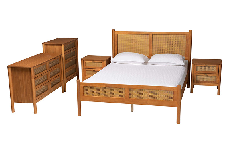 Kaori Golden Brown Wood Japandi 5-Piece Queen Size Bedroom Set w/Distressed-Finished Rattan