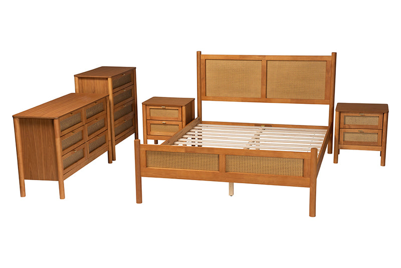 Kaori Golden Brown Wood Japandi 5-Piece Queen Size Bedroom Set w/Distressed-Finished Rattan