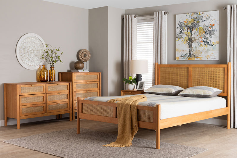 Kaori Golden Brown Wood Japandi 4-Piece Queen Size Bedroom Set w/Distressed-Finished Rattan