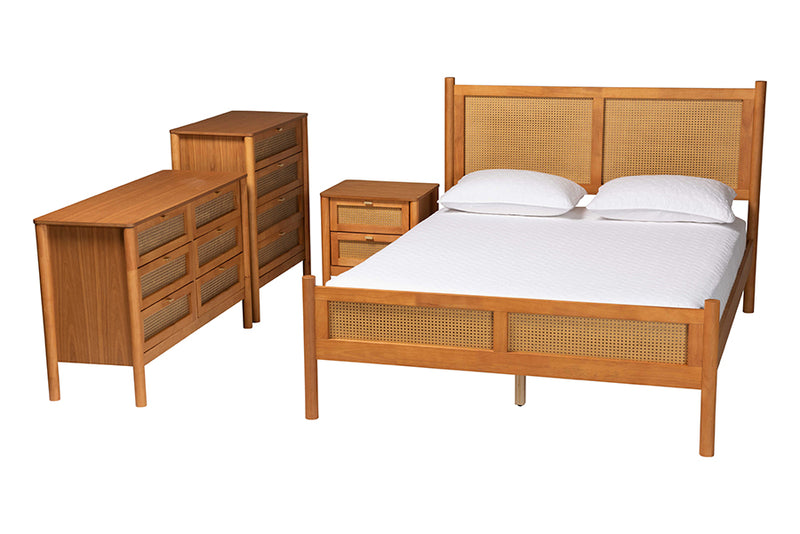 Kaori Golden Brown Wood Japandi 4-Piece Queen Size Bedroom Set w/Distressed-Finished Rattan