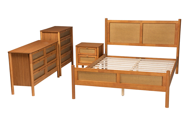 Kaori Golden Brown Wood Japandi 4-Piece Queen Size Bedroom Set w/Distressed-Finished Rattan