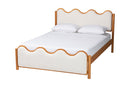 Sakura Scalloped Cream Boucle and Oak Brown Wood Queen Platform Bed Baxton