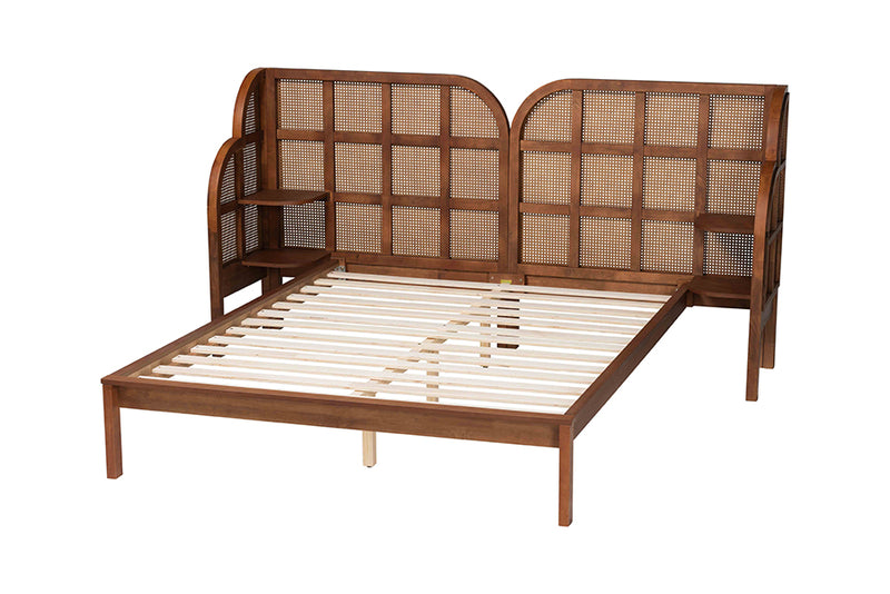 Levron Mid-Century Modern Walnut Brown Wood King Size Wingback Platform Bed