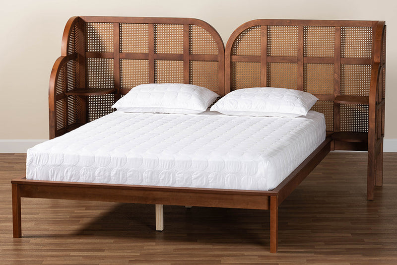 Levron Walnut Brown Wood Queen Size Wingback Platform Bed Baxton