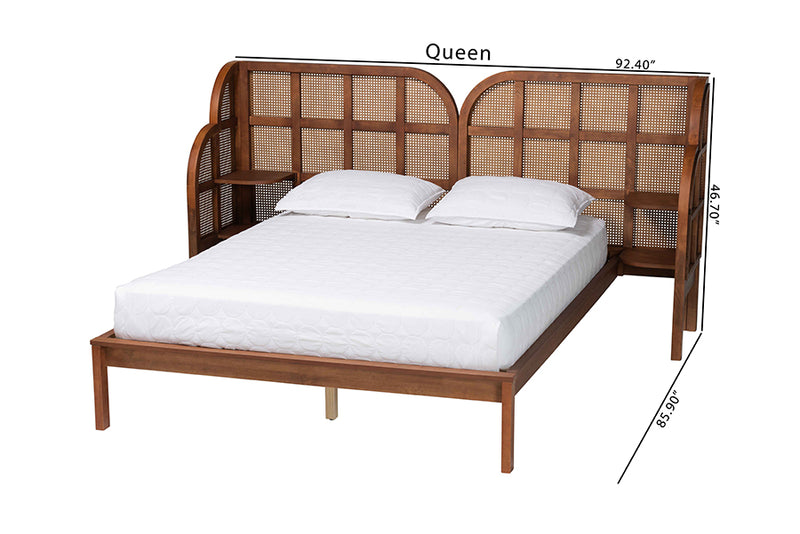 Levron Mid-Century Modern Walnut Brown Wood Queen Size Wingback Platform Bed