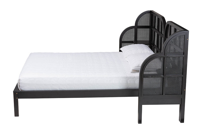 Levron Ebony Black Wood Queen Size Wingback Platform Bed Baxton