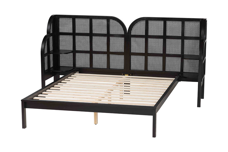 Levron Mid-Century Modern Ebony Black Wood Queen Size Wingback Platform Bed