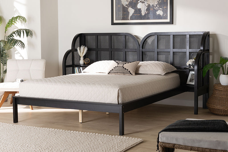 Levron Mid-Century Modern Ebony Black Wood Queen Size Wingback Platform Bed