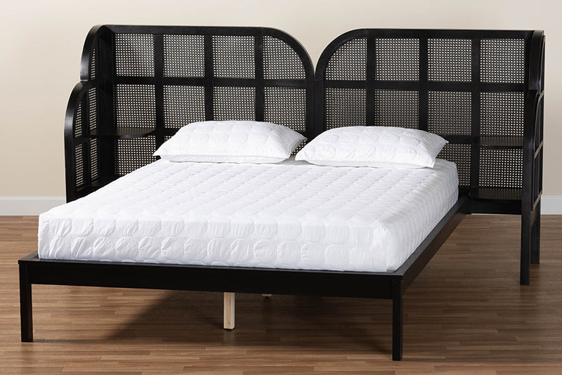 Levron Mid-Century Modern Ebony Black Wood Queen Size Wingback Platform Bed