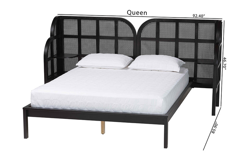 Levron Mid-Century Modern Ebony Black Wood Queen Size Wingback Platform Bed