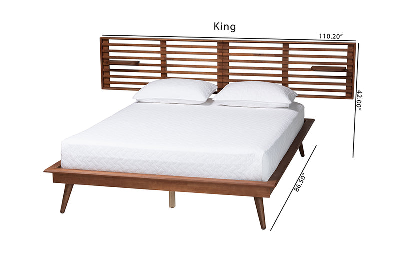 Lindsey Mid-Century Ash Walnut Wood Queen Size Platform Bed w/Built-In Shelves