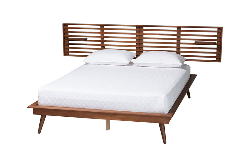 Lindsey Mid-Century Ash Walnut Wood King Size Platform Bed w/Built-In Shelves