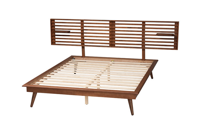 Lindsey Mid-Century Ash Walnut Wood Queen Size Platform Bed w/Built-In Shelves