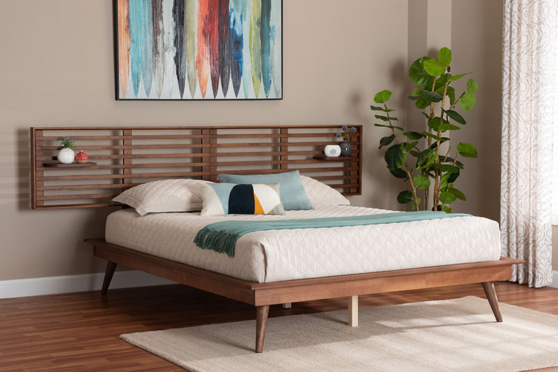 Lindsey Mid-Century Ash Walnut Wood Queen Size Platform Bed w/Built-In Shelves