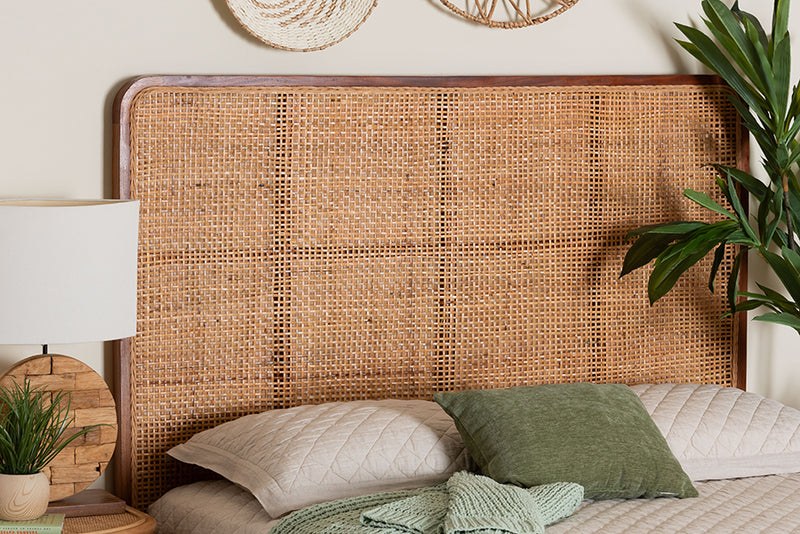 Phoenix Bohemian Natural Rattan and Mahogany Wood Queen Size Headboard