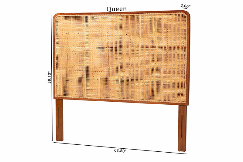 Phoenix Bohemian Natural Rattan and Mahogany Wood Queen Size Headboard