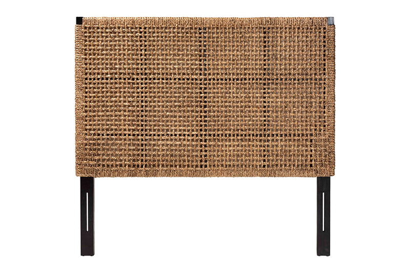 Delilah Bohemian Seagrass and Dark Brown Mahogany Wood Queen Size Headboard Baxton