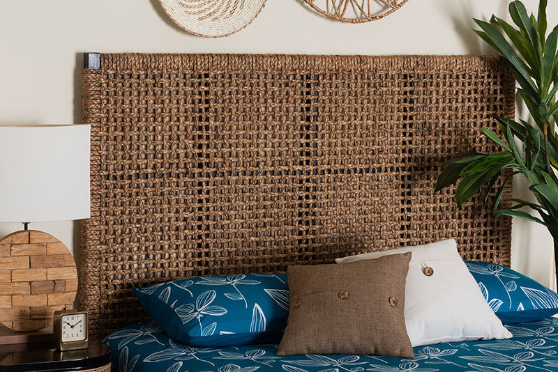 Delilah Bohemian Seagrass and Dark Brown Mahogany Wood Queen Size Headboard Baxton