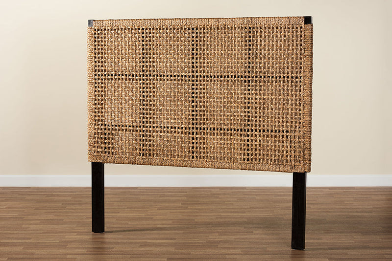 Delilah Bohemian Seagrass and Dark Brown Mahogany Wood Queen Size Headboard Baxton