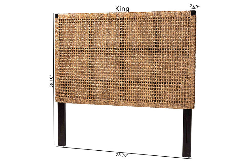 Delilah Bohemian Seagrass and Dark Brown Mahogany Wood Queen Size Headboard Baxton